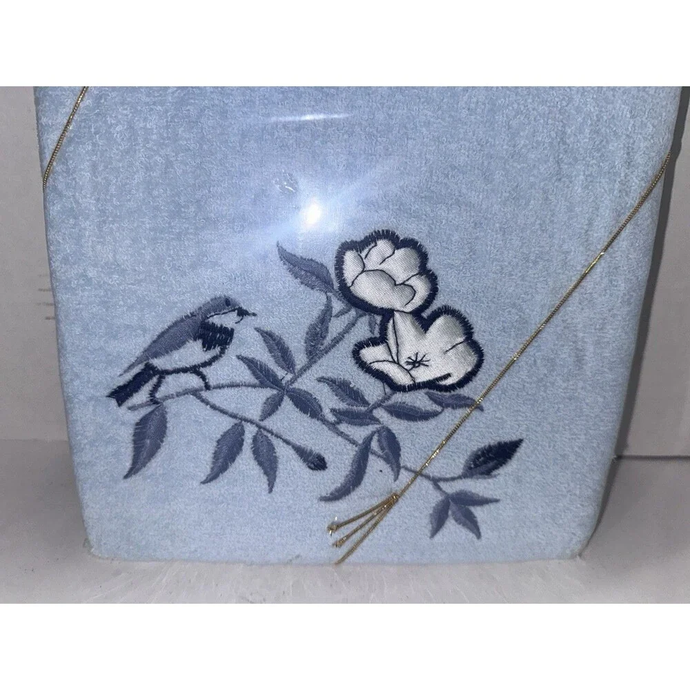 Vintage Troy Collection 3 Pc Blue Bird Floral Embroidered Towel Set NOS USA
